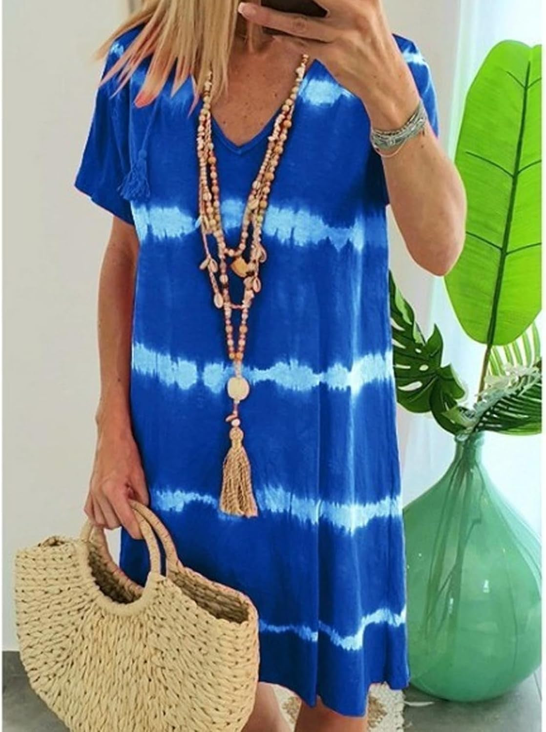 Tie-Dye Striped Short-Sleeved Loose T-Shirt Dress, Women'S Bohemian V-Neck Tie-Dye Dress Women Summer Beach Vacation Dress