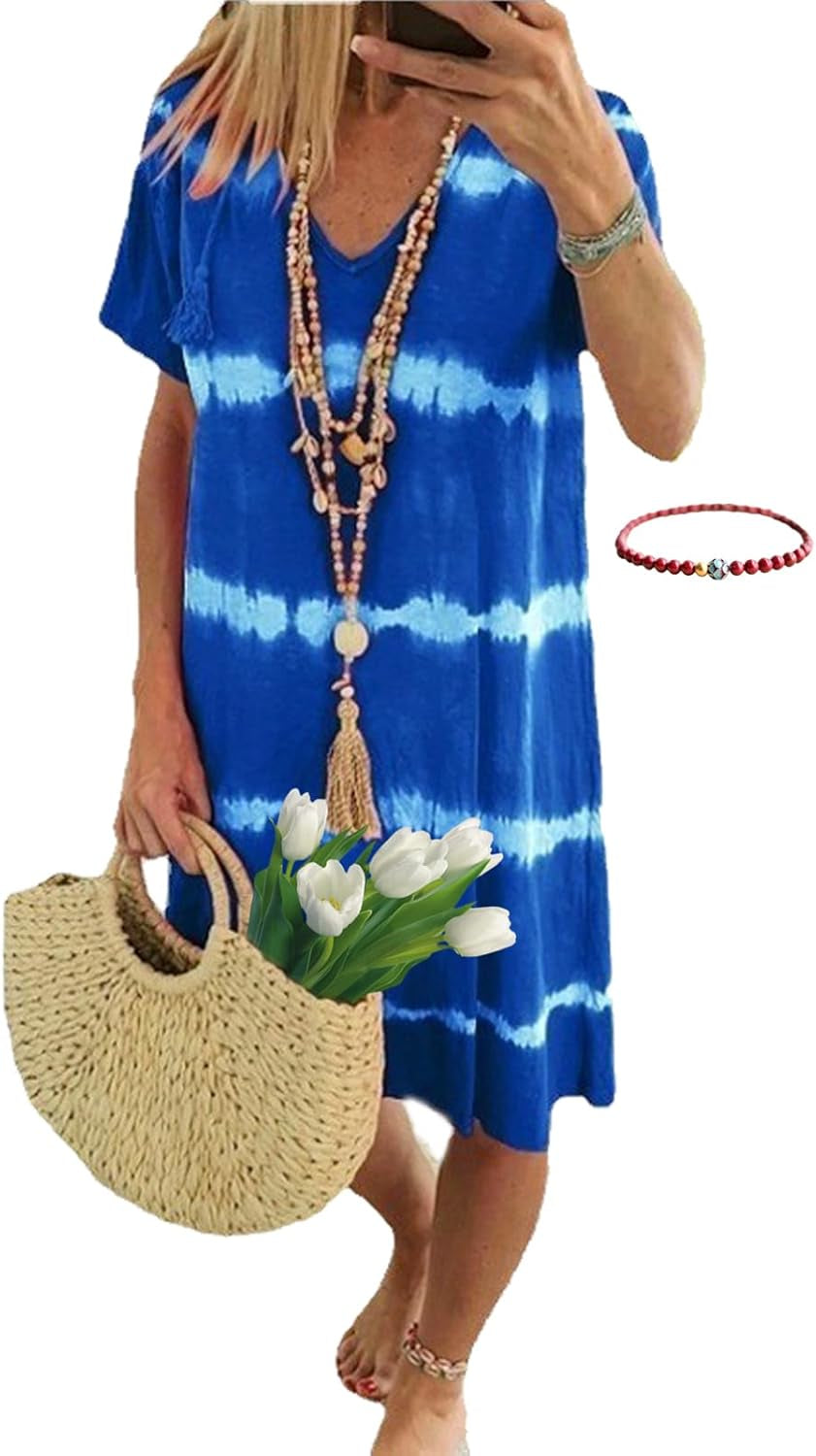 Tie-Dye Striped Short-Sleeved Loose T-Shirt Dress, Women'S Bohemian V-Neck Tie-Dye Dress Women Summer Beach Vacation Dress