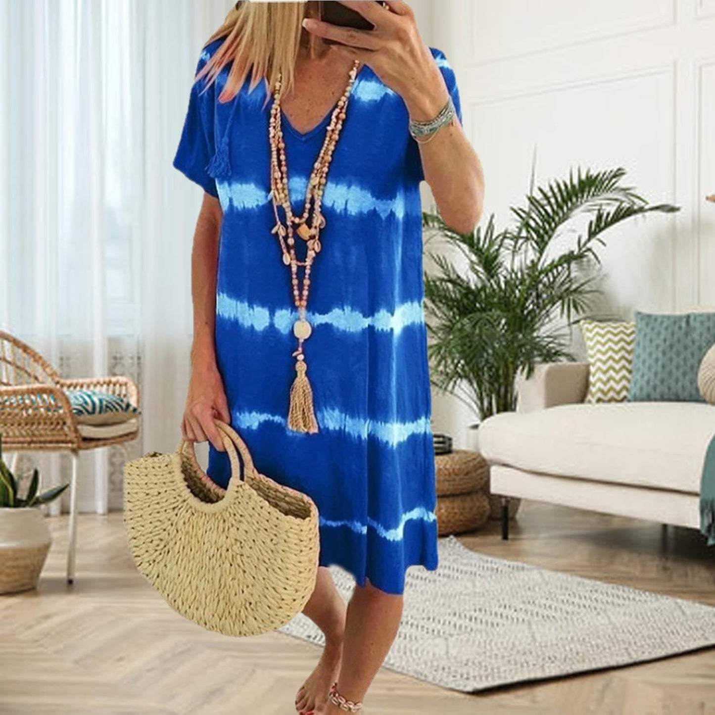 Tie-Dye Striped Short-Sleeved Loose T-Shirt Dress, Women'S Bohemian V-Neck Tie-Dye Dress Women Summer Beach Vacation Dress