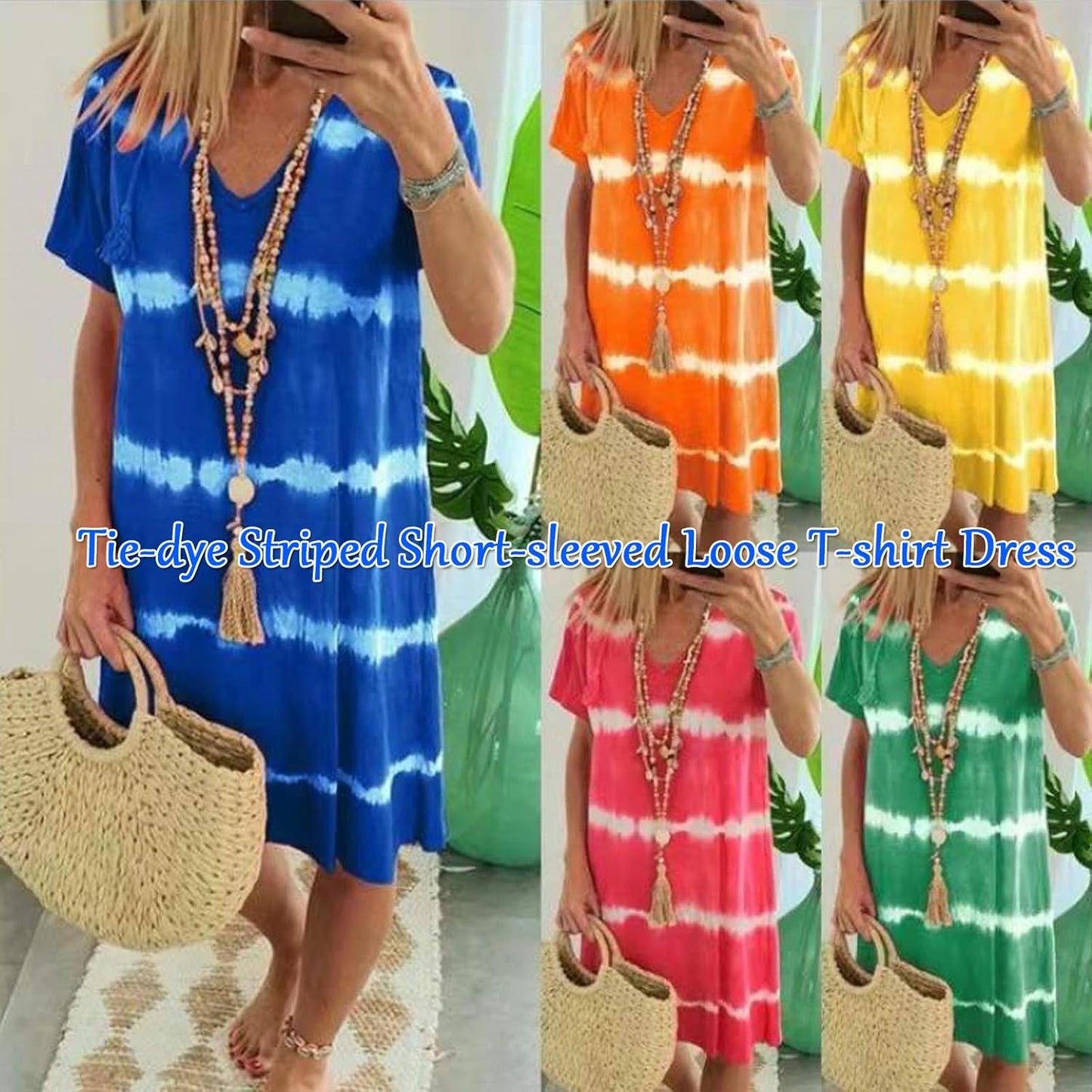 Tie-Dye Striped Short-Sleeved Loose T-Shirt Dress, Women'S Bohemian V-Neck Tie-Dye Dress Women Summer Beach Vacation Dress